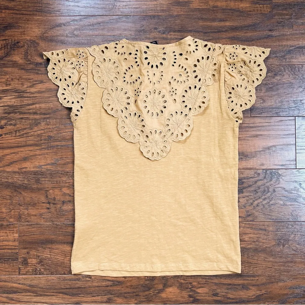 J Crew • Embroidered Eyelet Flutter-sleeve T-shirt scalloped yoke lace yellow - Image 10