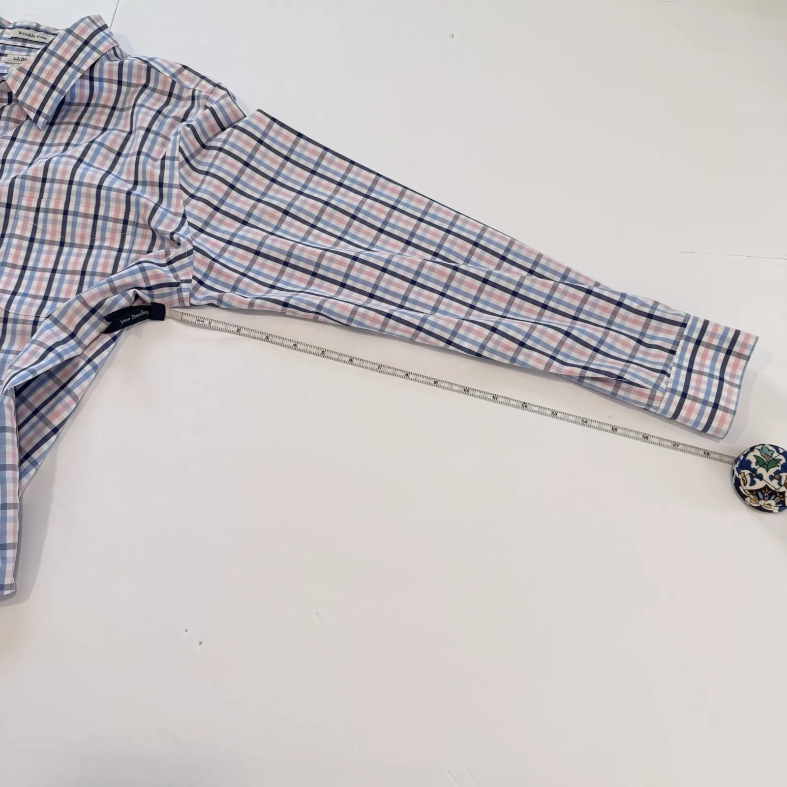 LL Bean Pink Blue Plaid Wrinkle Free Pinpoint Oxford Button Shirt LARGE PETITE Size undefined - Image 8