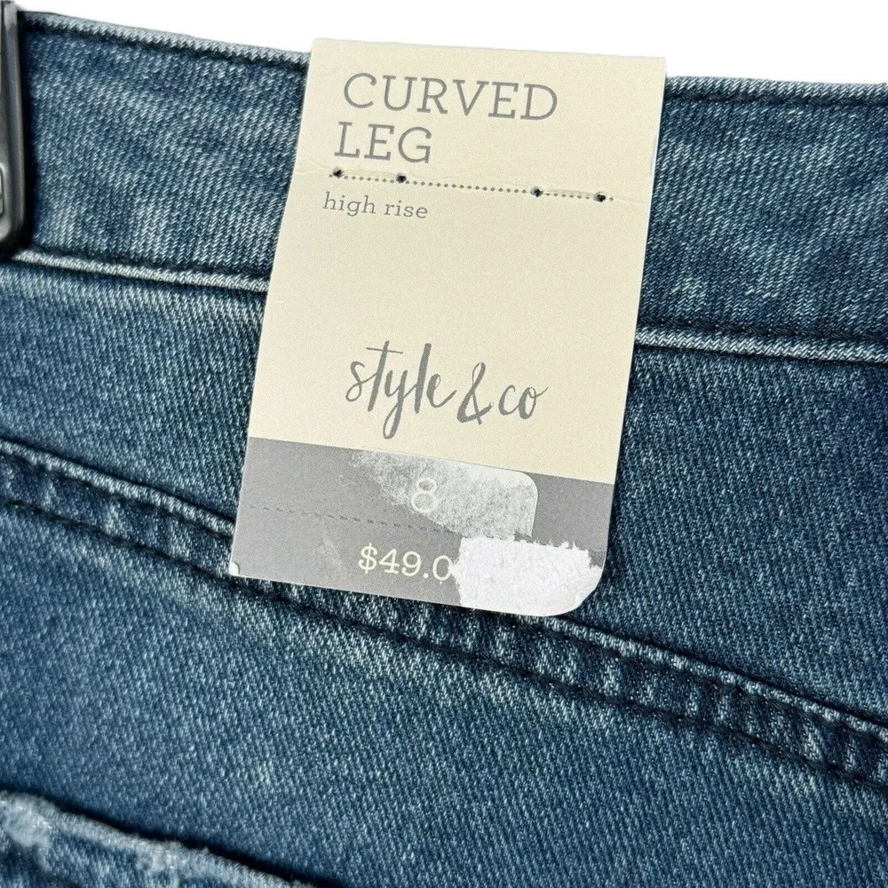 Style & Co SZ 8 Curved Leg Crop Jeans Hi-Rise 2-Tone Cuffed Blue Gray Downfall - Image 5