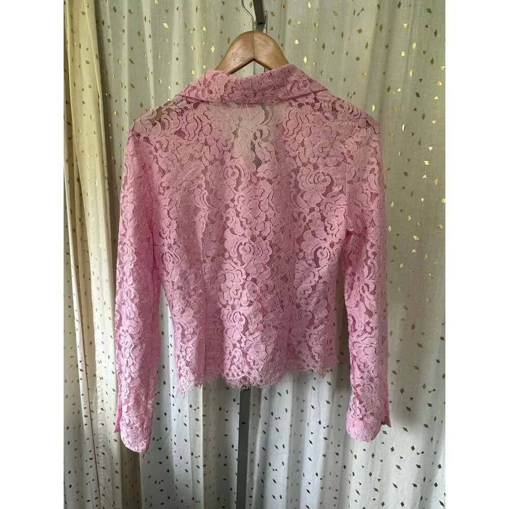 Zara Pink Floral Lace Open Work Button Down Eyelash Hem Unlined Layering Shirt M - Image 8