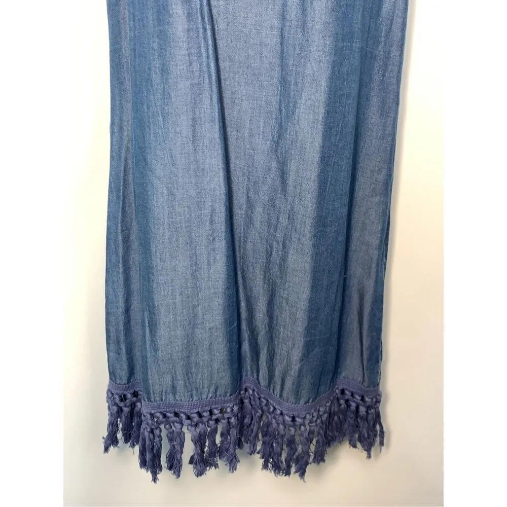 Beige By ECI Sleeveless Embroidered With Fringe Chambray Denim Dress Blue Small - Image 2