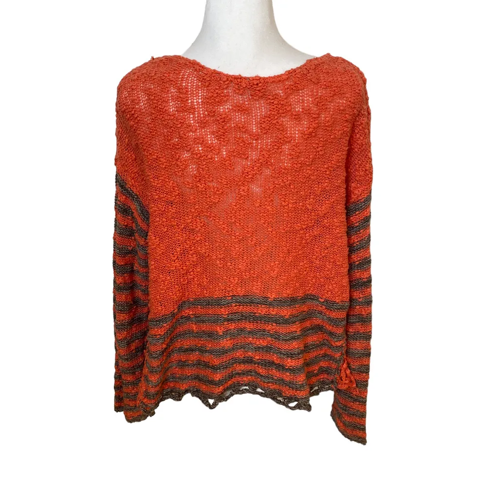 Free People Sweater Striped Crochet Knit Boatneck Cotton Long Sleeve Coral XS - Image 5