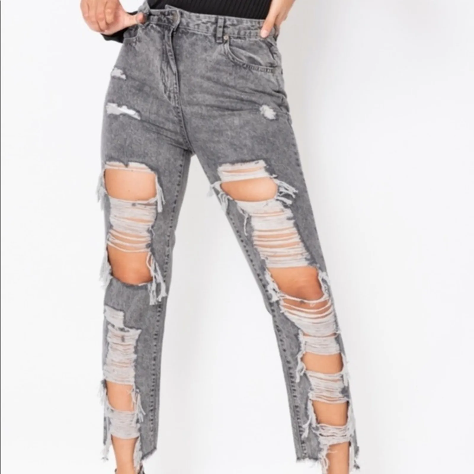 NWT Parisian Distressed Mom Jeans Womens 6 Gray High Rise Ripped Y2K Grunge - Image 3