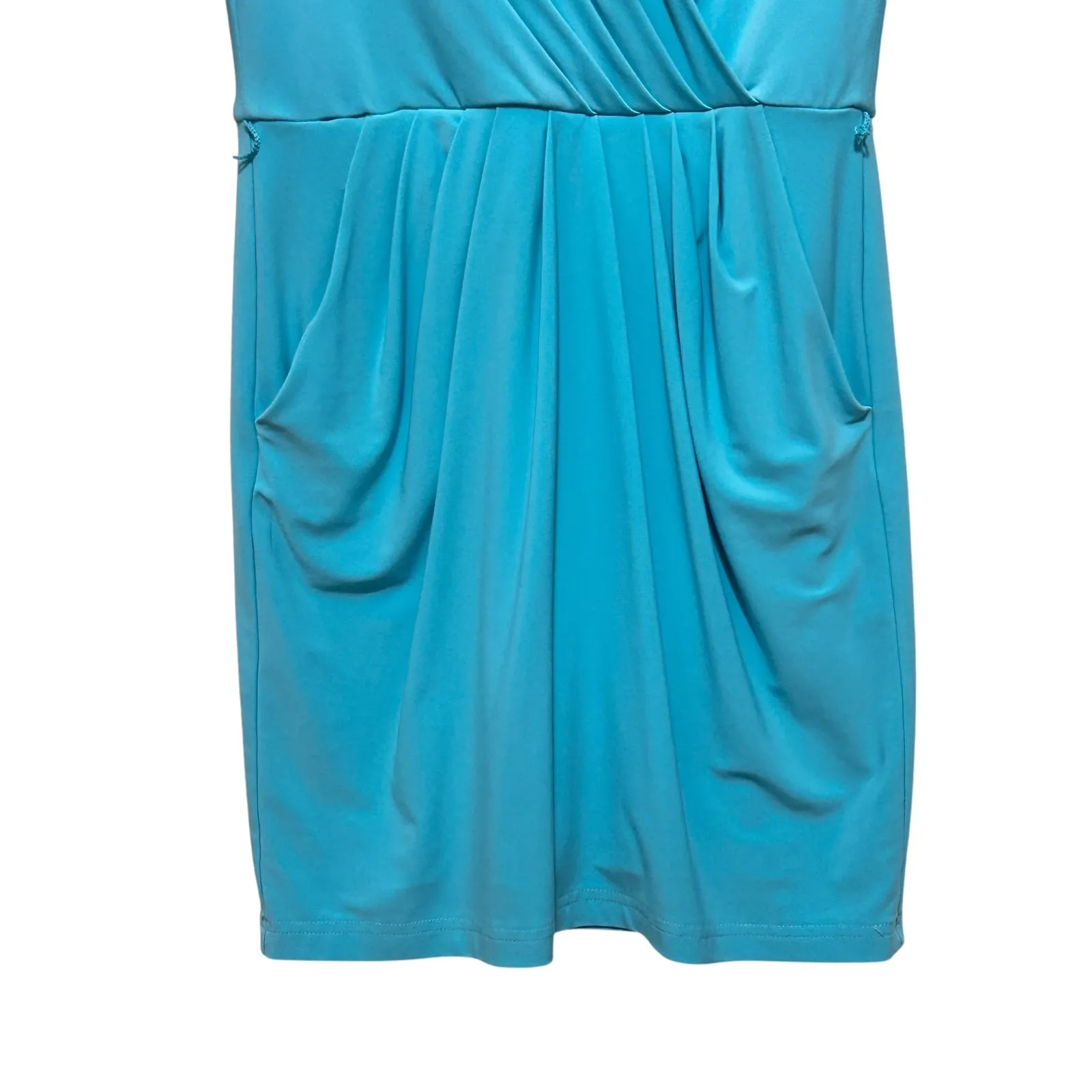 Lauren Ralph Lauren Women Midi Dress 10 Turquoise Faux Wrap Ruch‎ Jersey Stretch - Image 4