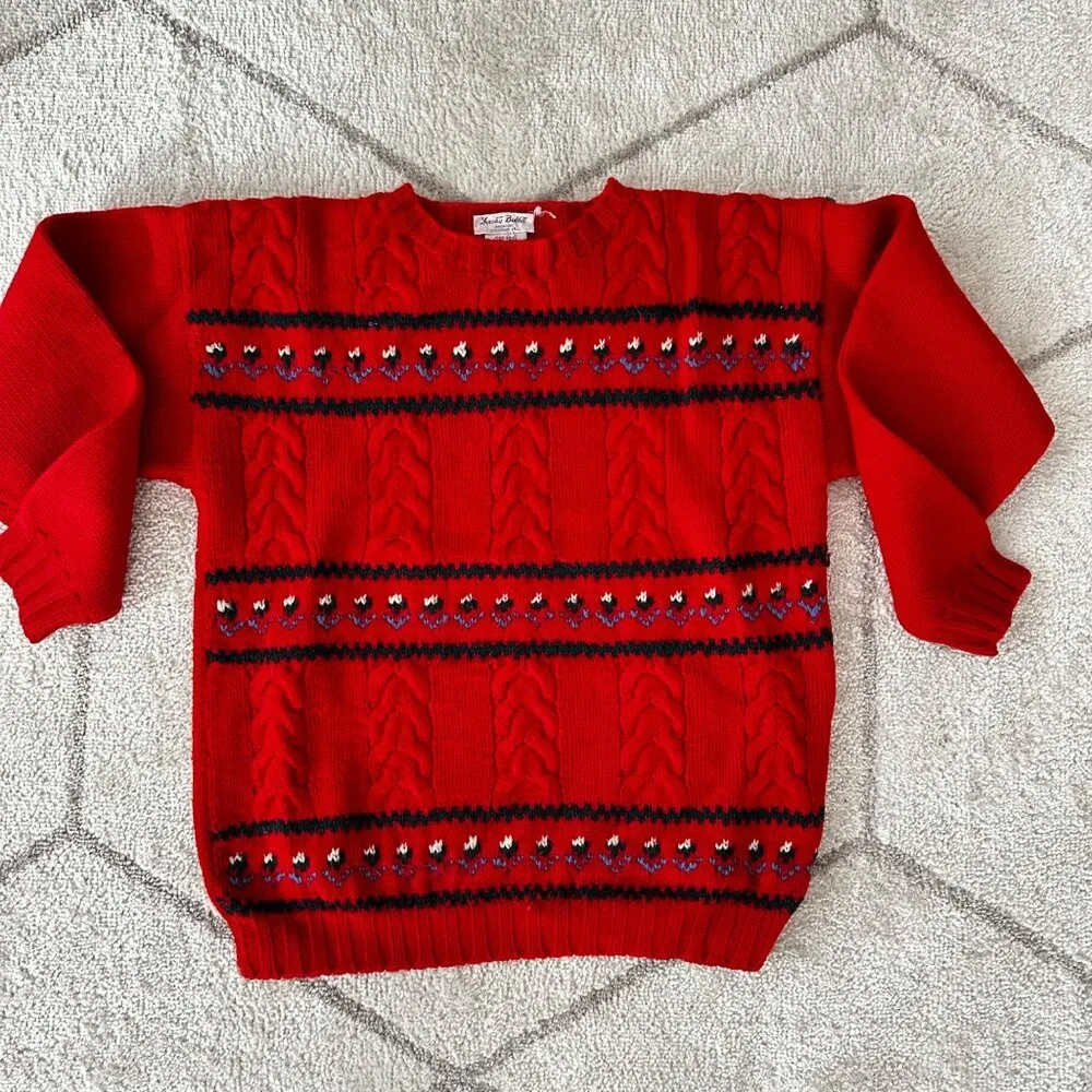 Vintage Dorothy Bullit Mini Flowers Red Hand Knit Wool Granny Sweater Sz Small - Image 7