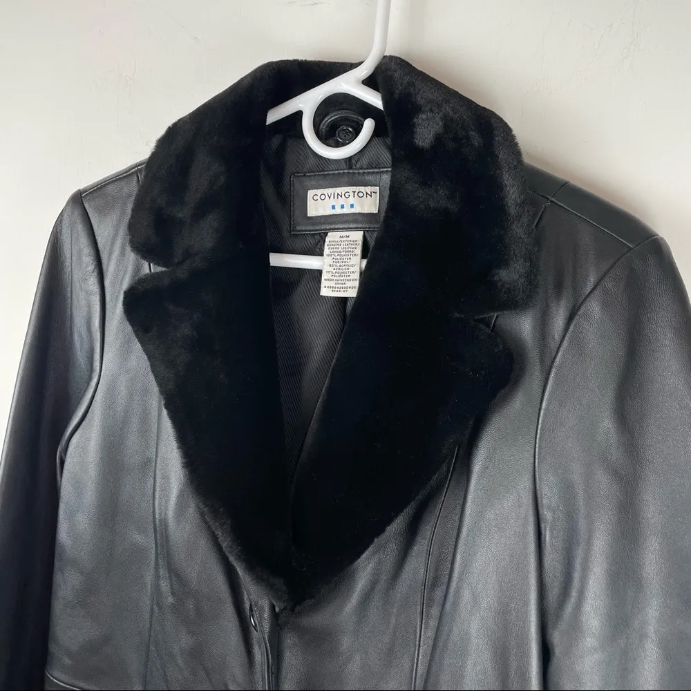 Covington Y2K Long Black Leather Jacket Button Front Trench Sz Medium Faux Fur Collar - Image 7
