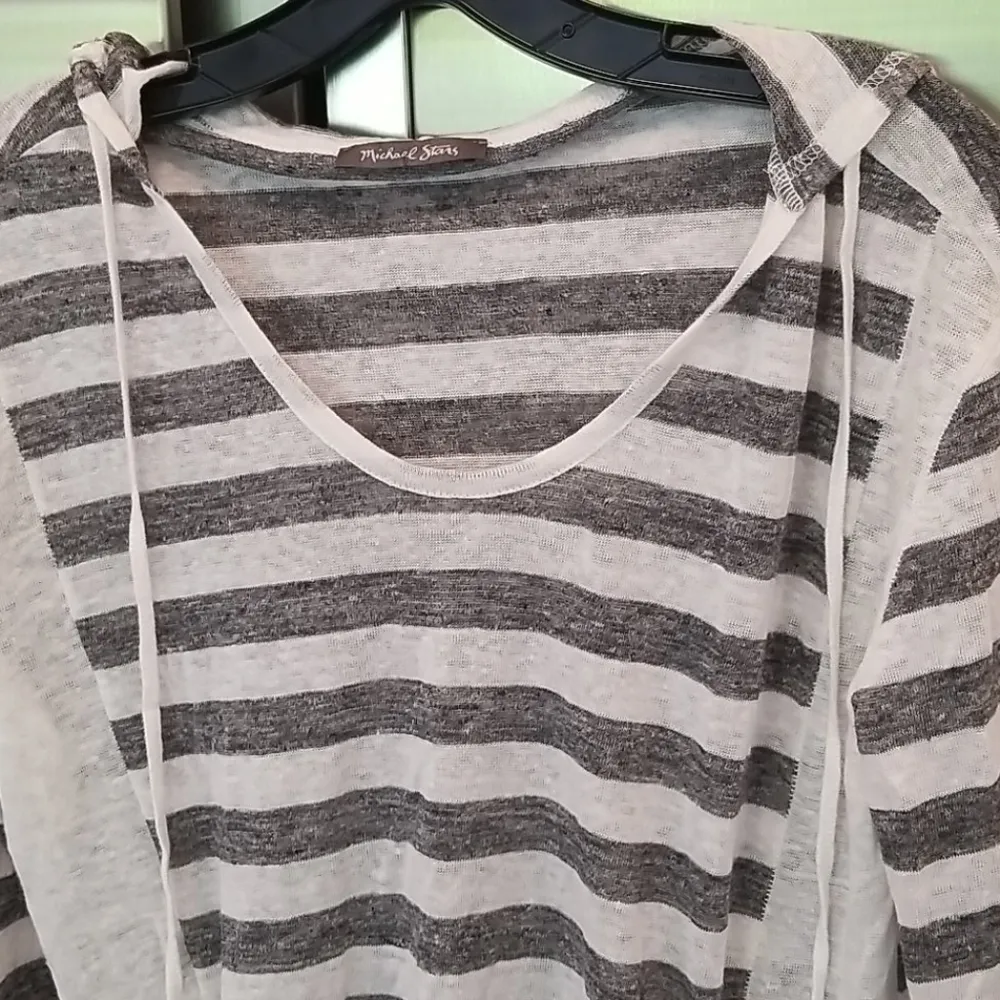 💕MICHAEL STARS💕 Linen-Knit Stripe-Hooded Pullover Grey White Striped Pattern - Image 6