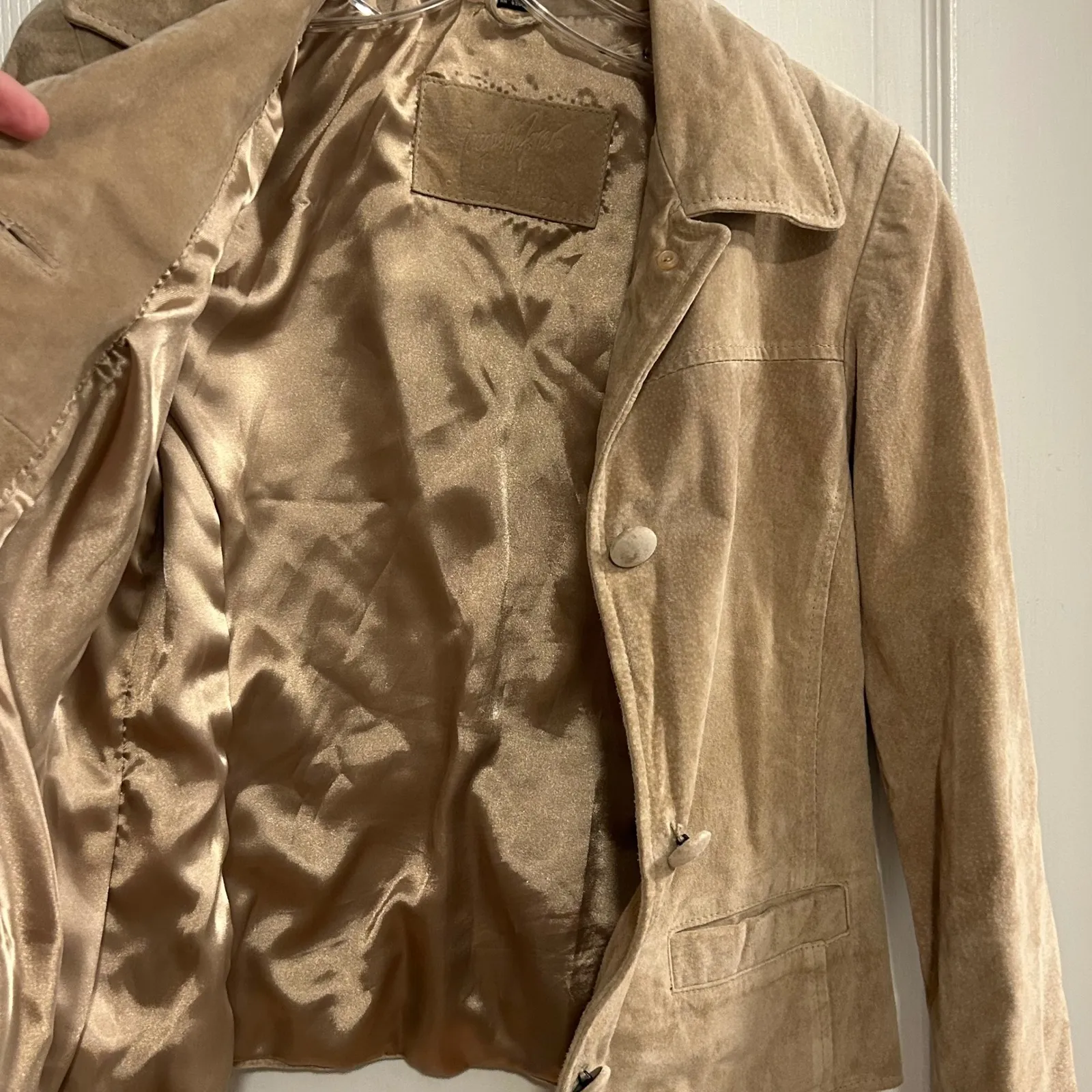 Jacqueline Ferrar Suede Leather Jacket Tan Petite Small Button Front Pockets - Image 7