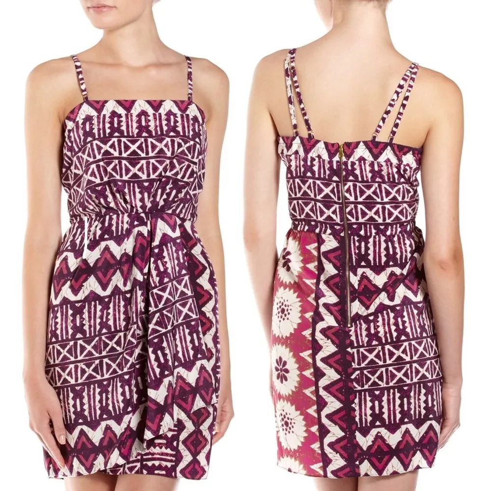 Yoana Baraschi Tribal Print Spaghetti Strap Faux Wrap Mini Dress Pink Red 8 - Image 3
