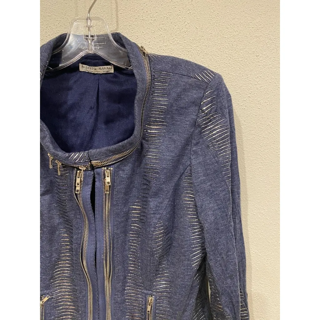 Alberto Makali Jacket Womens Medium Blue Metallic Moto Zipper Front Modern Chic - Image 3