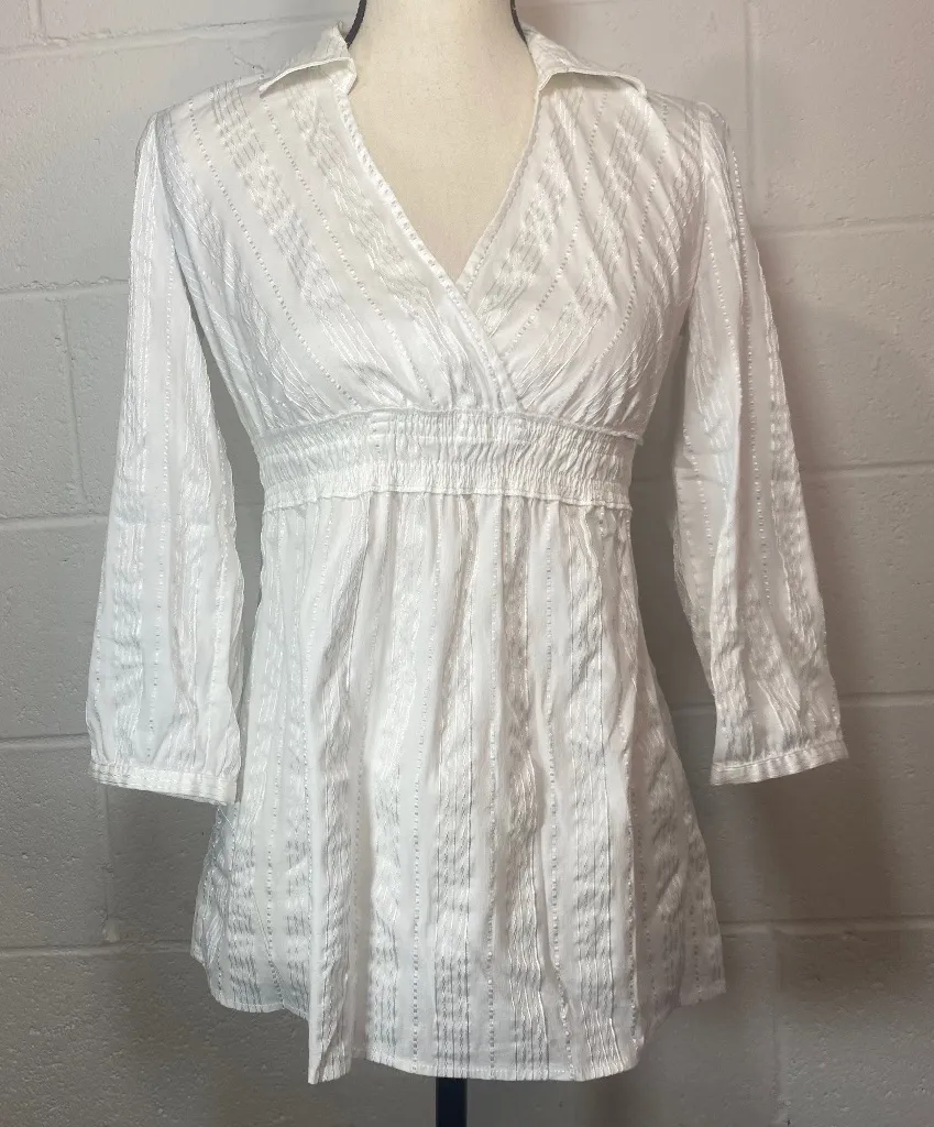 Motherhood Maternity White V Neck Faux Wrap 3/4 Length Sleeve Blouse - Image 1