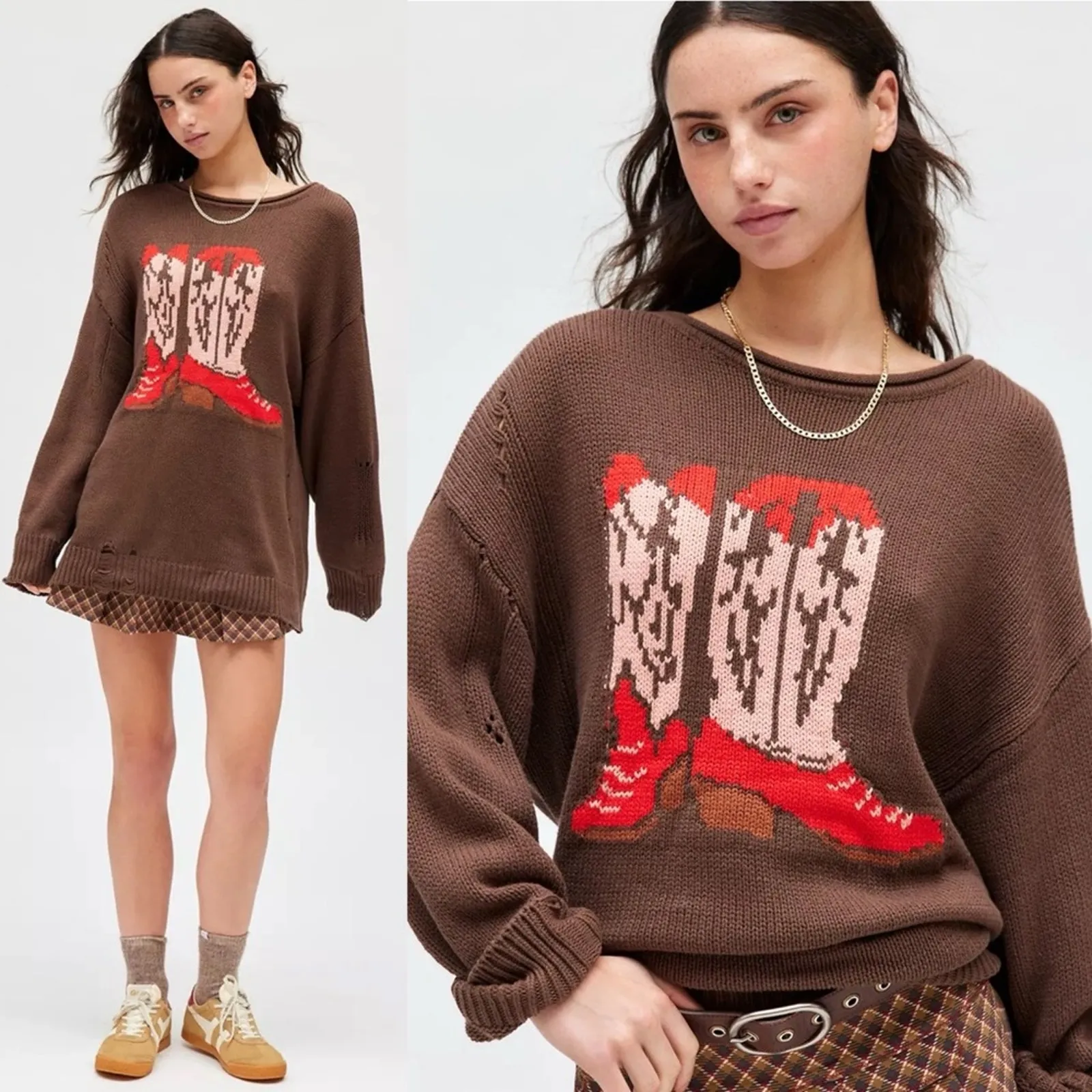 BDG Stella Cowboy Boot Graphic Distressed Oversized Pullover Sweater Brown Boots - Image 2