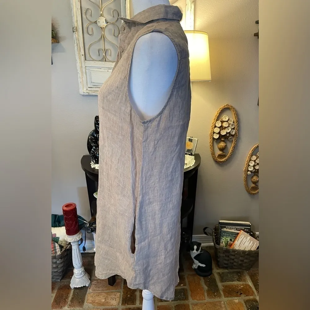 Onia linen button down sleeveless high/low dress swimsuit cover tunic w/pockets. - Image 4