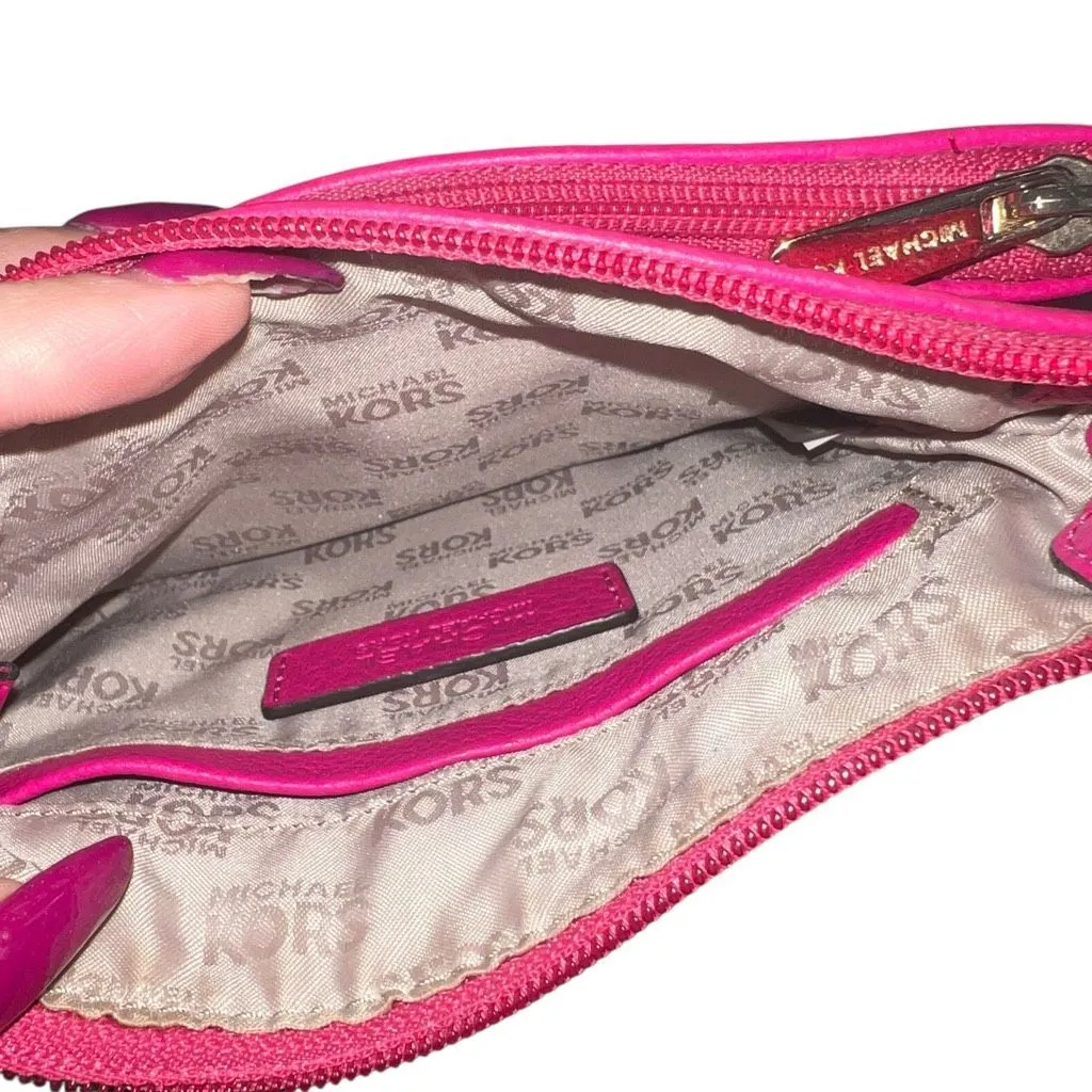 Michael Kors Jet Set Pink Leather Crossbody Bag Gold Logo Small Wallet Purse - Image 8