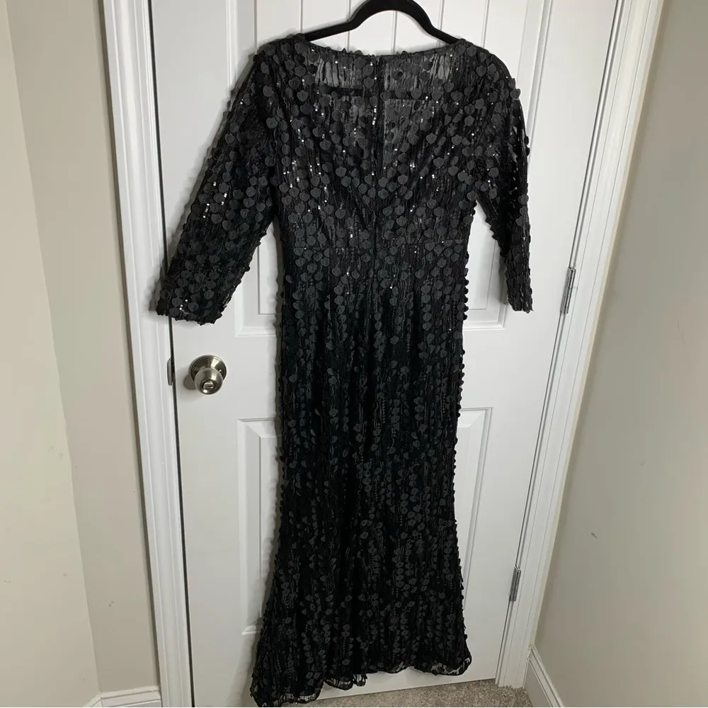 Carmen Marc Valvo 3D floral applique black sequin mermaid black lace‎ gown XS - Image 7