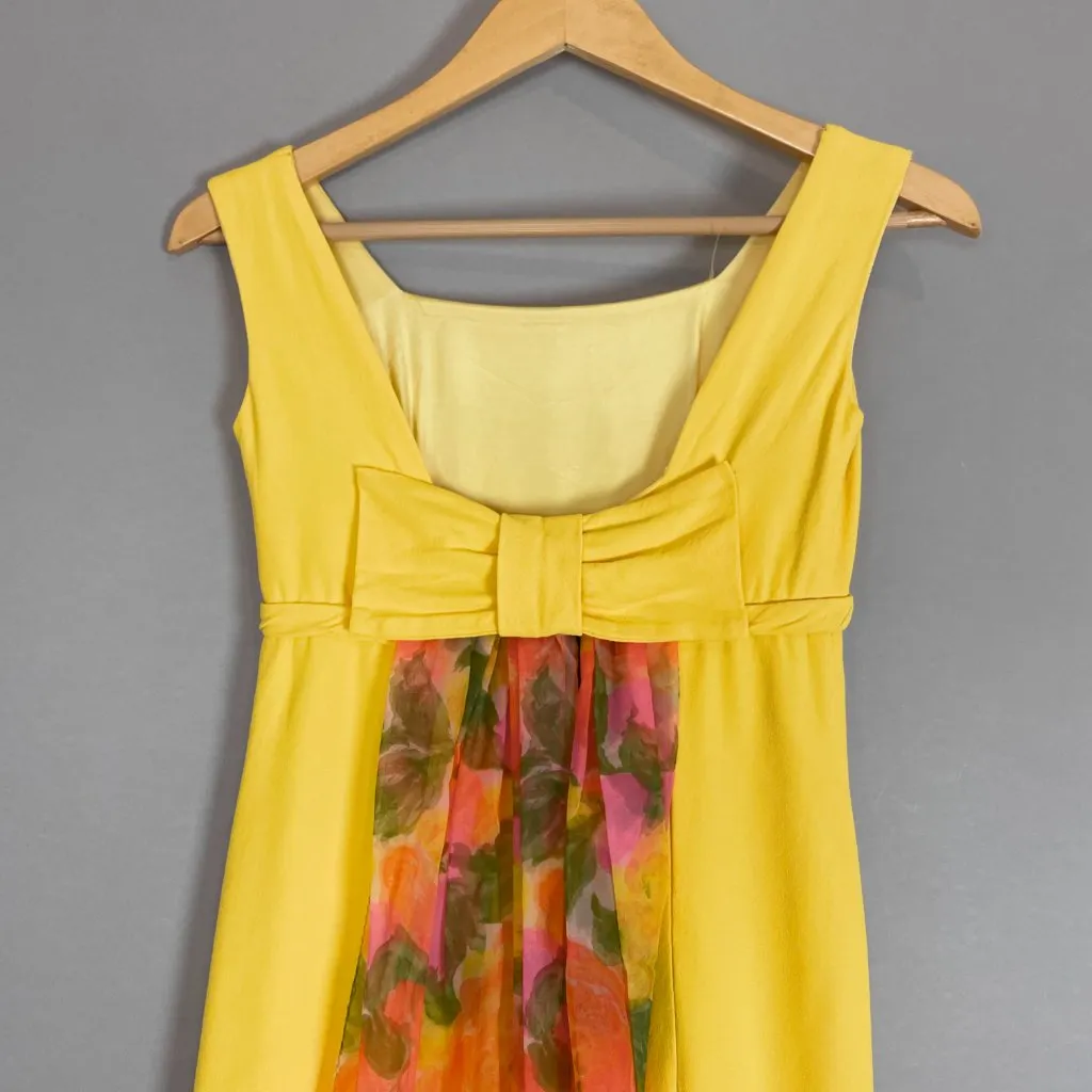 Vintage 1960s‎ Dress Handmade Floral Train Yellow Crepe Empire Waist Bow Back Size undefined - Image 5