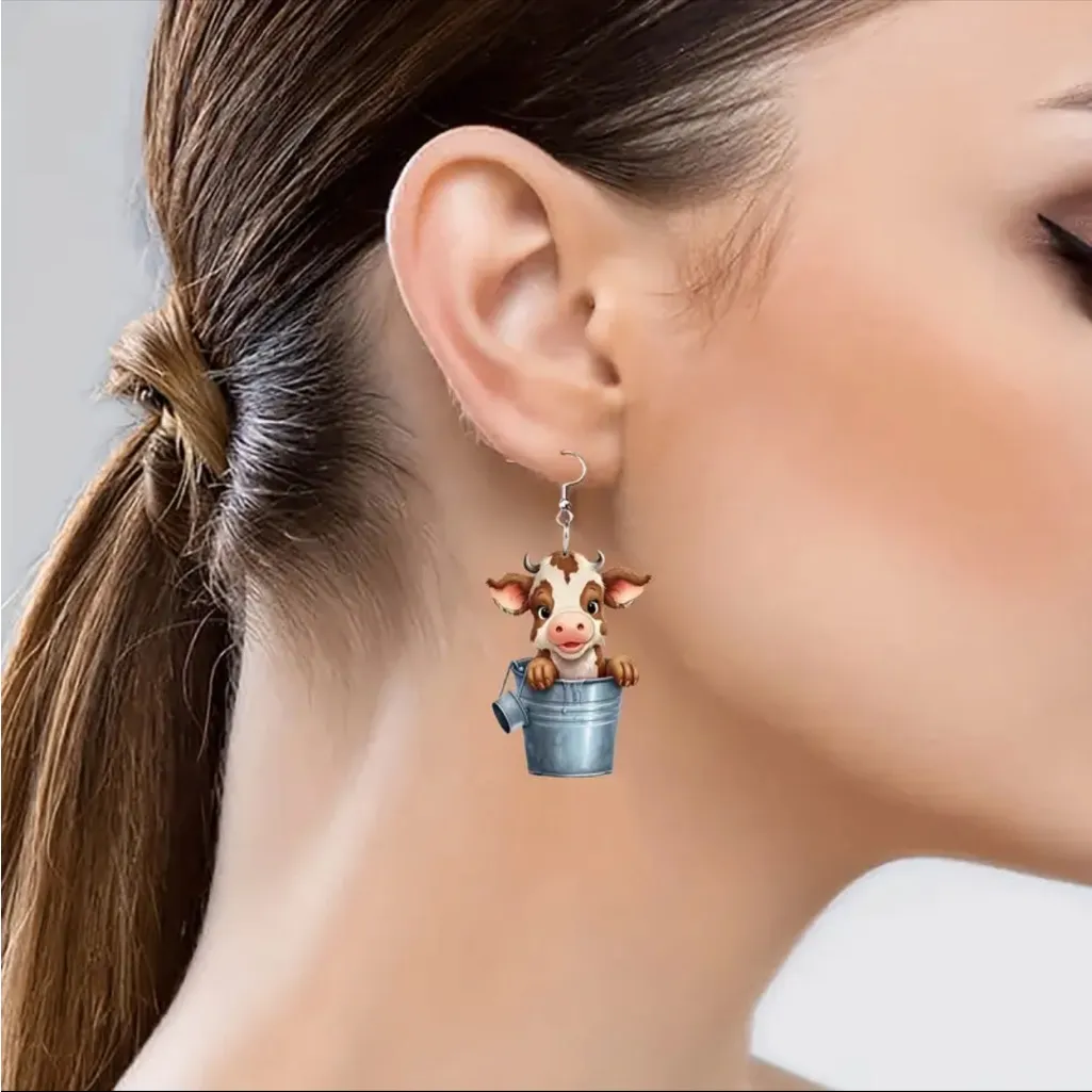 Cute Cow‎ Bucket Design Acrylic Dangle Earrings Cartoon Y2K Style Adorable - Image 5