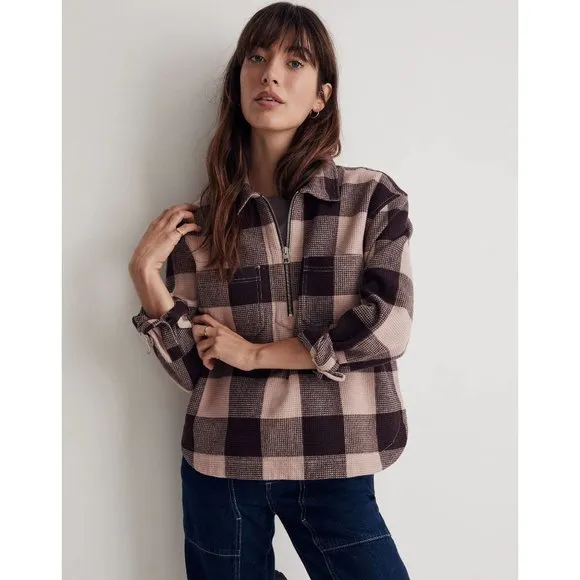 Madewell Waffle Half-Zip Popover Pink Plaid Long Sleeve Top S - Image 5