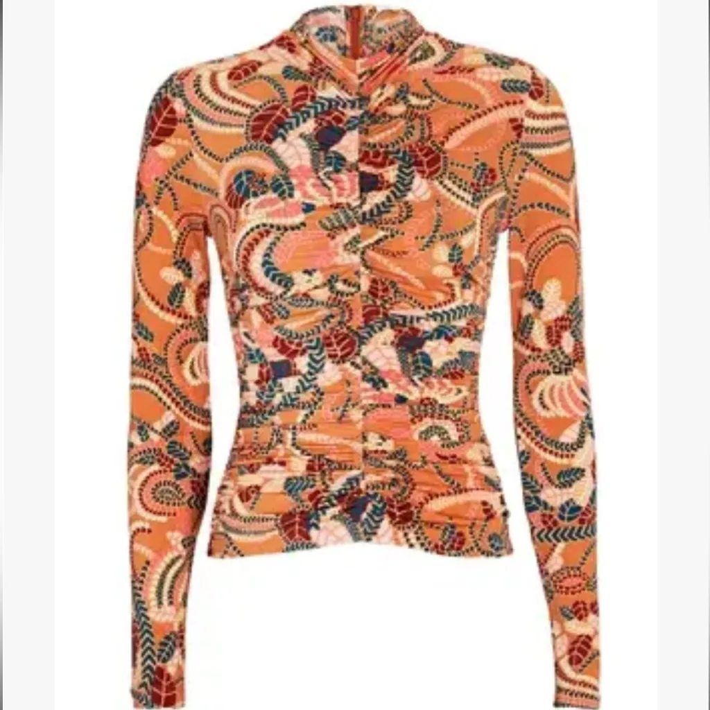 A.L.C. Multicolor Pink Blue Orange Tan Print Ruched Long Sleeve Blouse Top M - Image 2