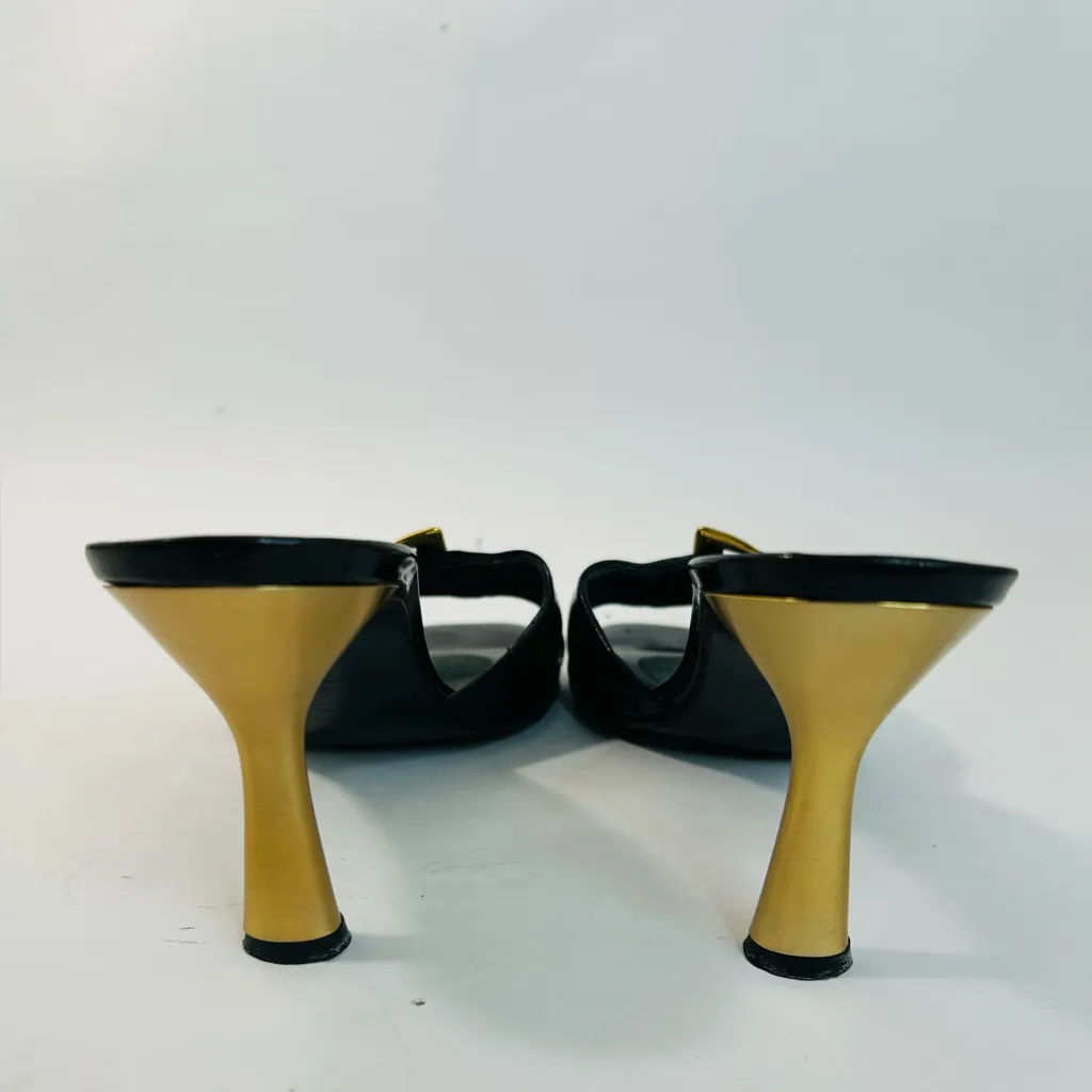 Stuart Weitzman Y2K Black Patent Leather Mule, Gold Buckle, Gold Heel, sz 8.5 - Image 3