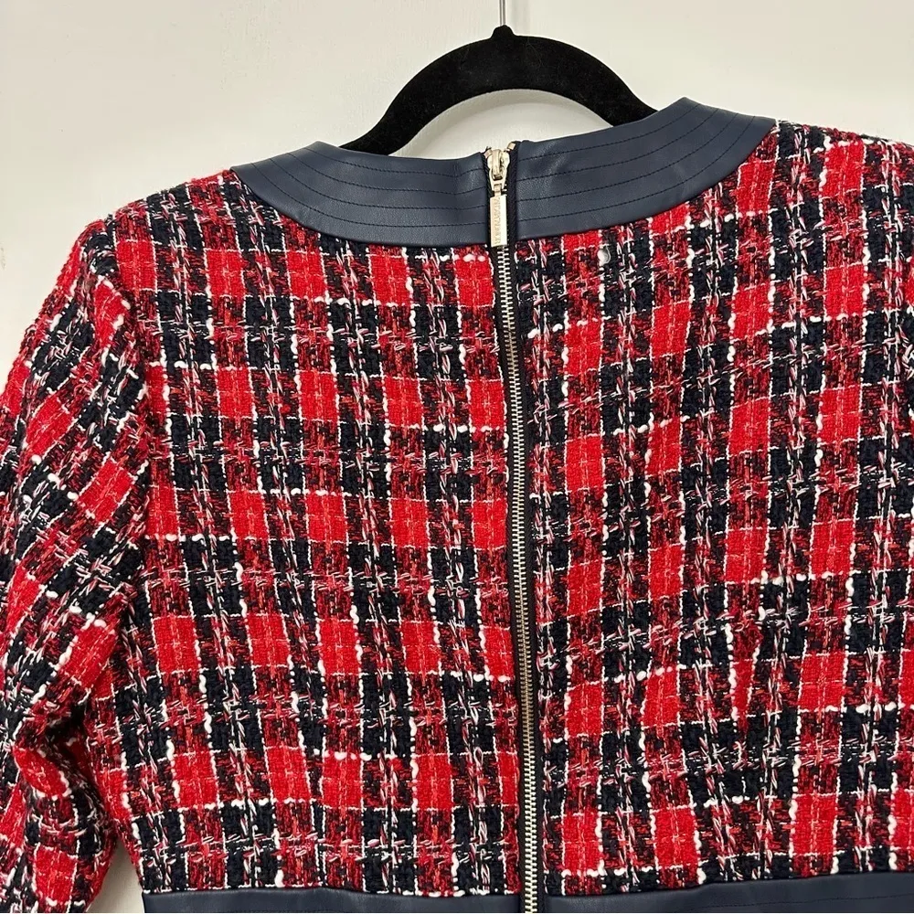 Alexia Admor Zenia Tweed Boucle Faux Leather Trim Dress Womens 8 Navy Red - Image 5