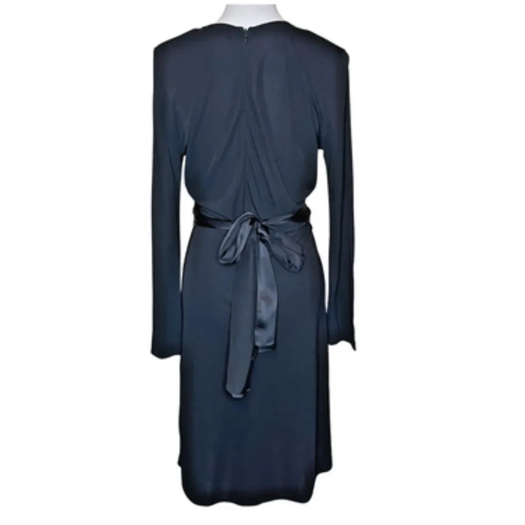 Black Long Sleeve Faux Wrap Dress Satin Tie Waist Cocktail Midi Small - Image 3