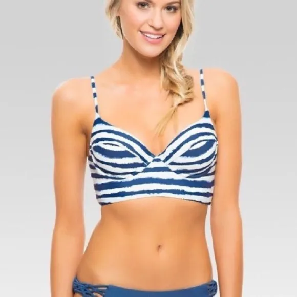 Tori Praver Seafoam Navy Blue White Tie Dye Longline Bikini Swim Suit Top M new - Image 17