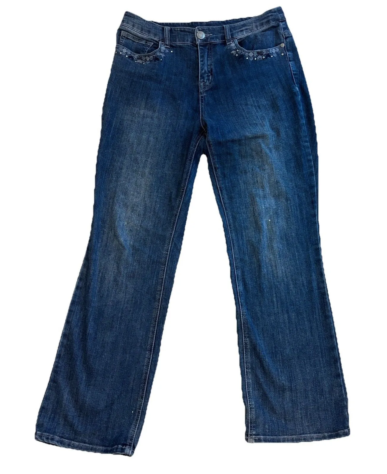 CHRISTOPHER BANKS JEANS 8P Petite Blue Denim Embroidered Pockets Bootcut Stretch - Image 1