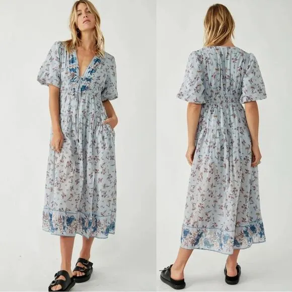 Free People Lysette Maxi Dress in Bluebell Bohemian Gypsy Indian Cotton XS - Image 2