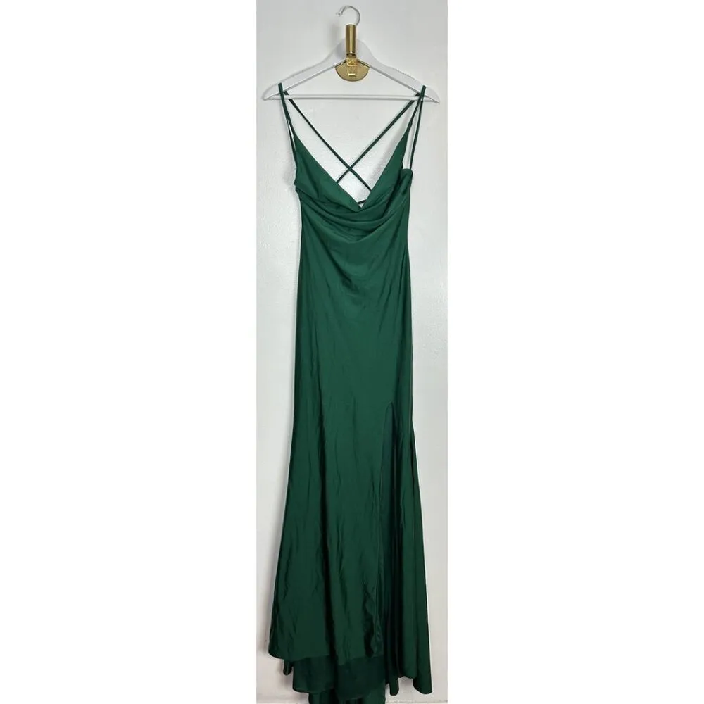 LA FEMME Cross Back Satin Jersey Trumpet Gown in Emerald Size US 4 - Image 3