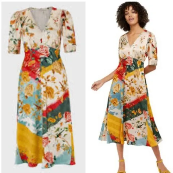 Monsoon ASOS OANA Ivory Floral Abstract Print Satin Tea Evening Dress 6US Medium - Image 2