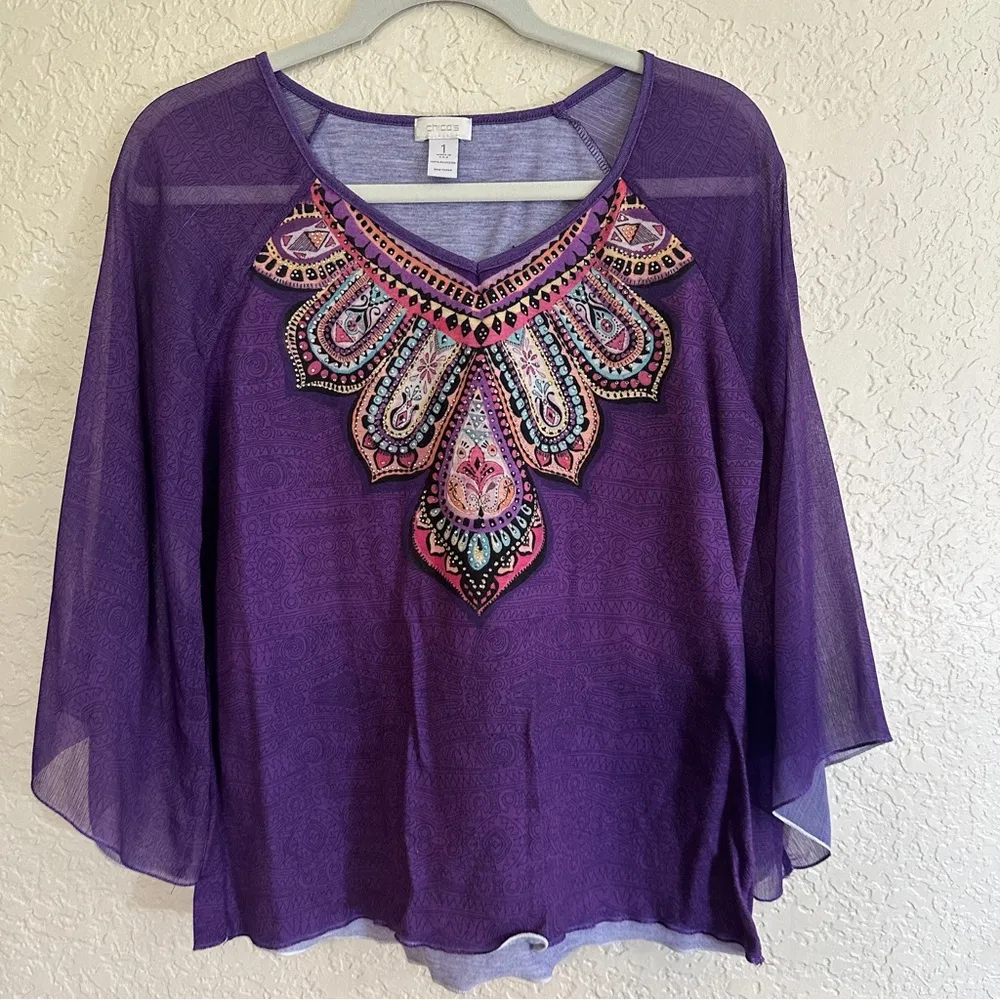 Chico's Purple Tunic Top Embroidered & Rhinestone Accents 3/4 Bell Sleeve Size 1 - Image 3