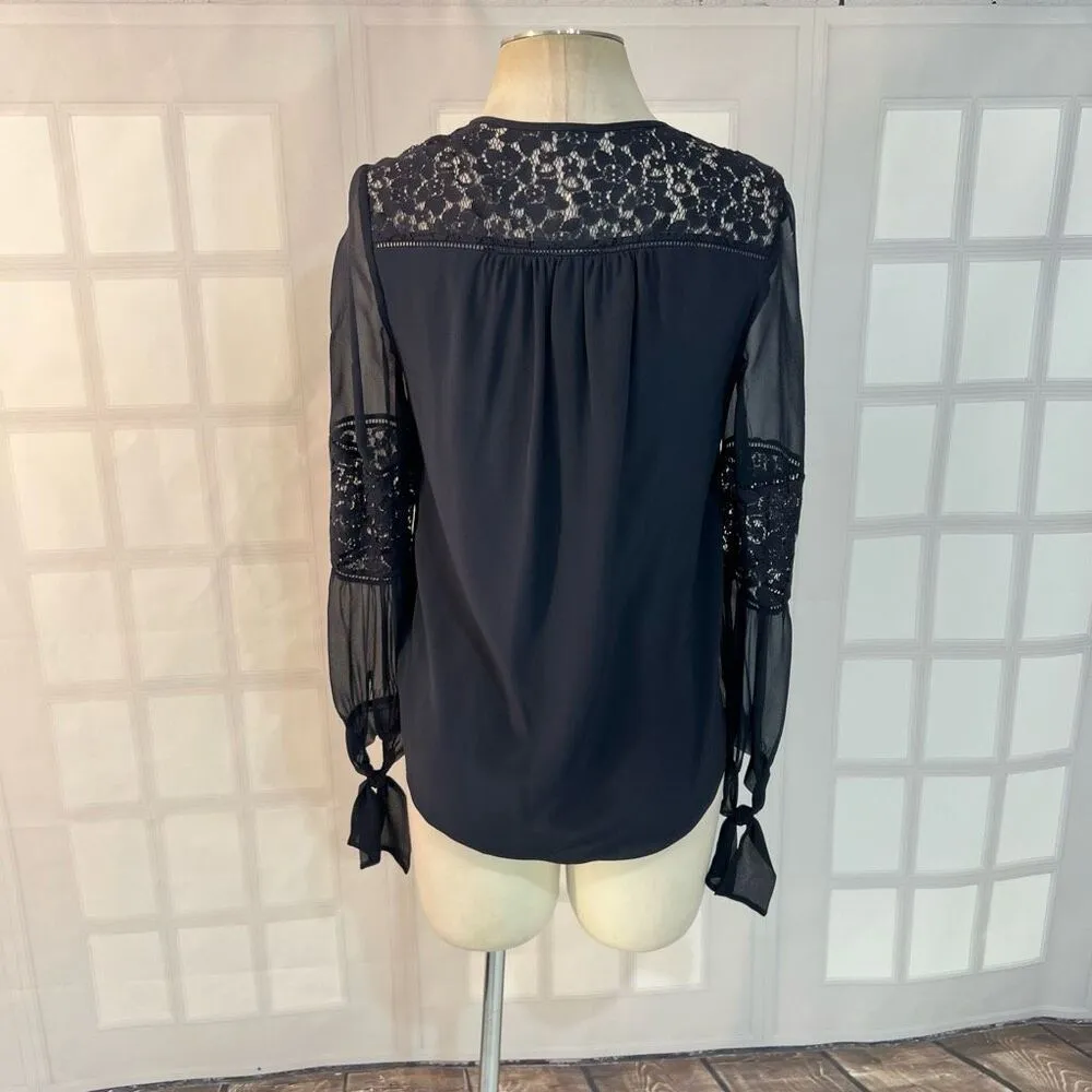 Rebecca Taylor Navy Sarah Tie-Cuff Lace-Trim Silk Crew Neck Long Sleeve Top Sz 0 - Image 7
