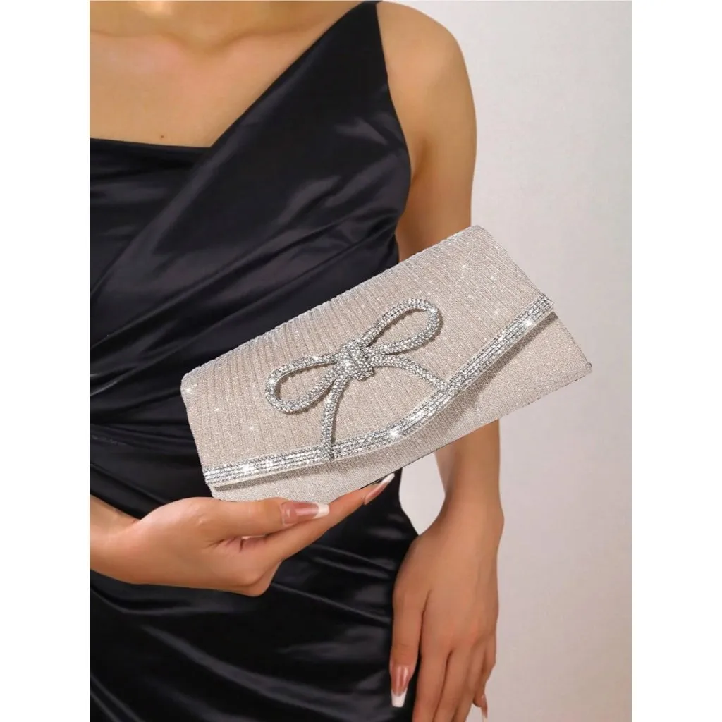 ⚡ Women's Cream Bow Sparkly Glitter Evening Rhinestone Party Prom Clutch Bag - Image 2