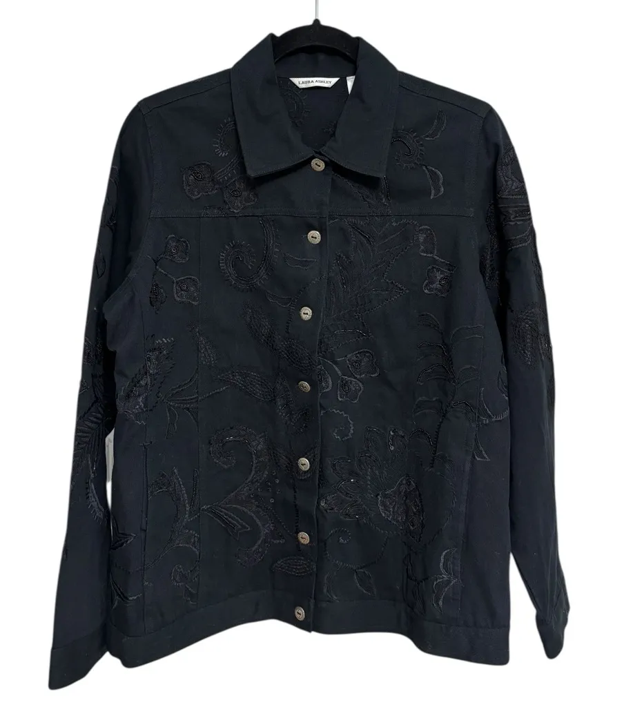 NWT Vintage Laura Ashley Sequin Embroidered Black Denim Jacket - Size S - Image 1