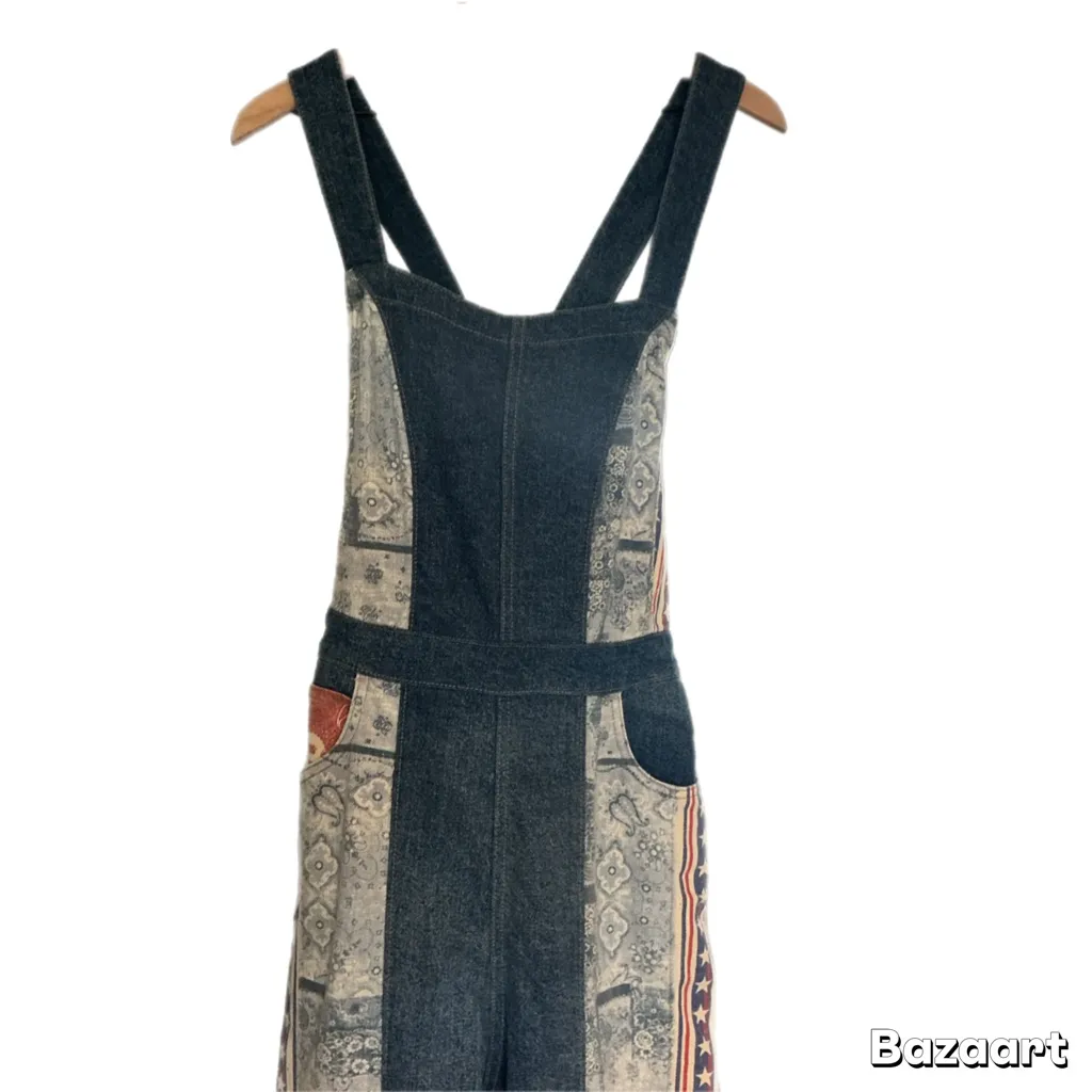 NEW FREE PEOPLE DALLAS FLAG PRINT DENIM JEANS JUMPSUIT FLARE OVERALLS - Image 5