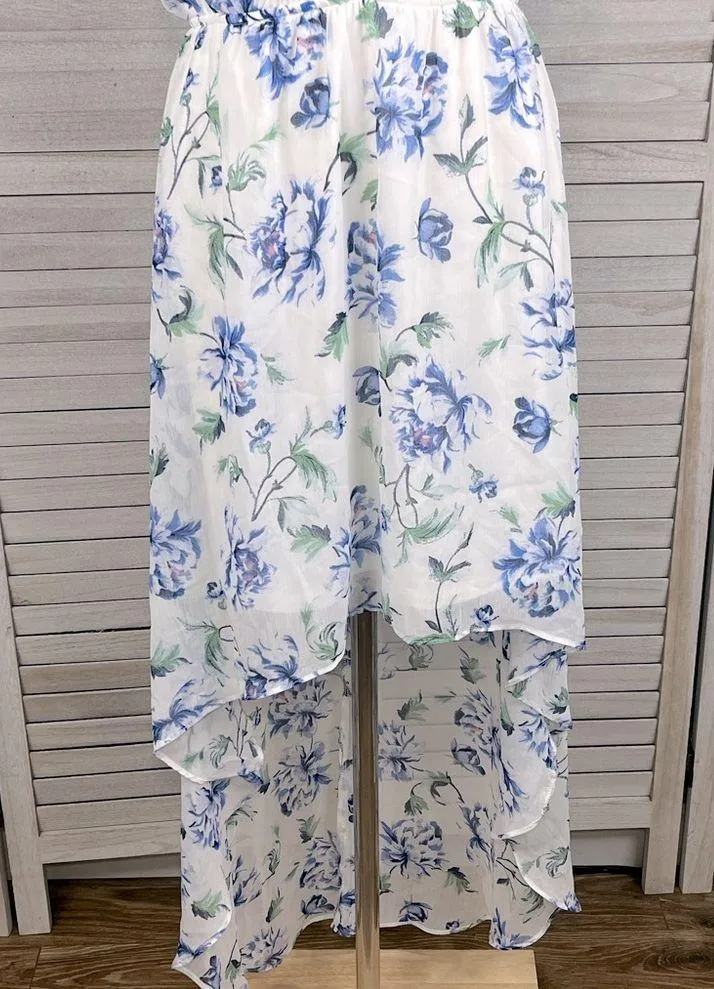 LILY ROSE Hi/Low Floral Print Maxi Dress White w Blue Floral-Large - Image 3