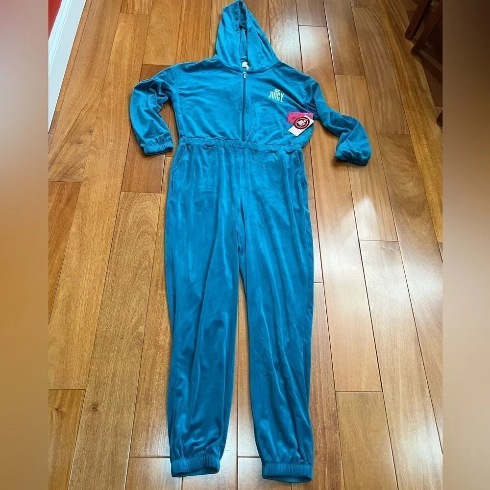 NWT Juicy By Juicy Couture Jumpsuit peacock Velour Hooded Long Sleeve Zip Up L - Image 4