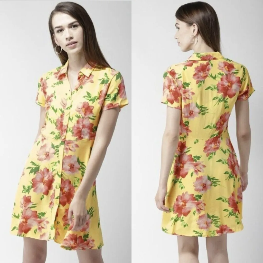 Forever 21 Floral Shirt Dress Womens L Yellow Pink Fit Flare Button Up Boho Mini - Image 2