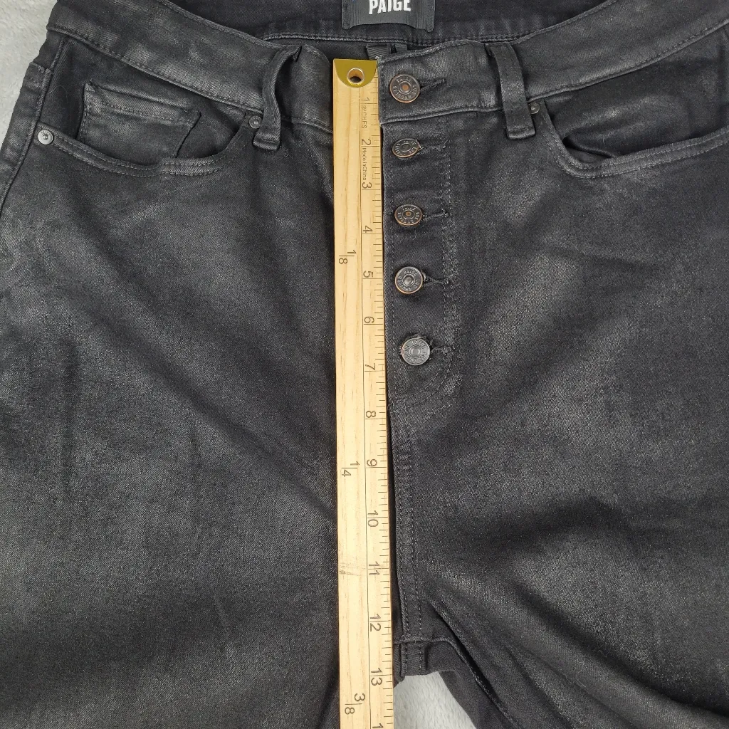 PAIGE Accent Straight Leg Jeans in Black Fog Luxe Coating Button Fly Size 32 - Image 6