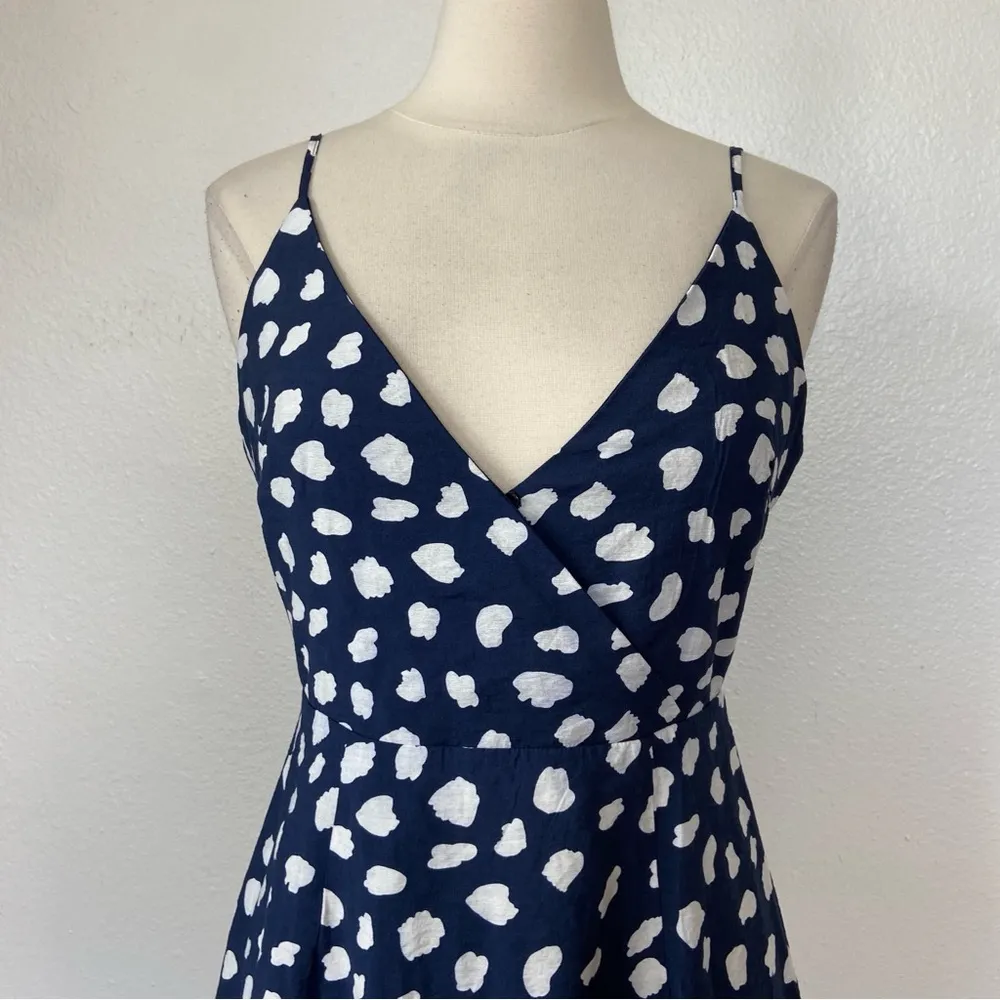 Navy Blue & White Pom Pom Trim V-Neck Sleeveless Dress - Image 5