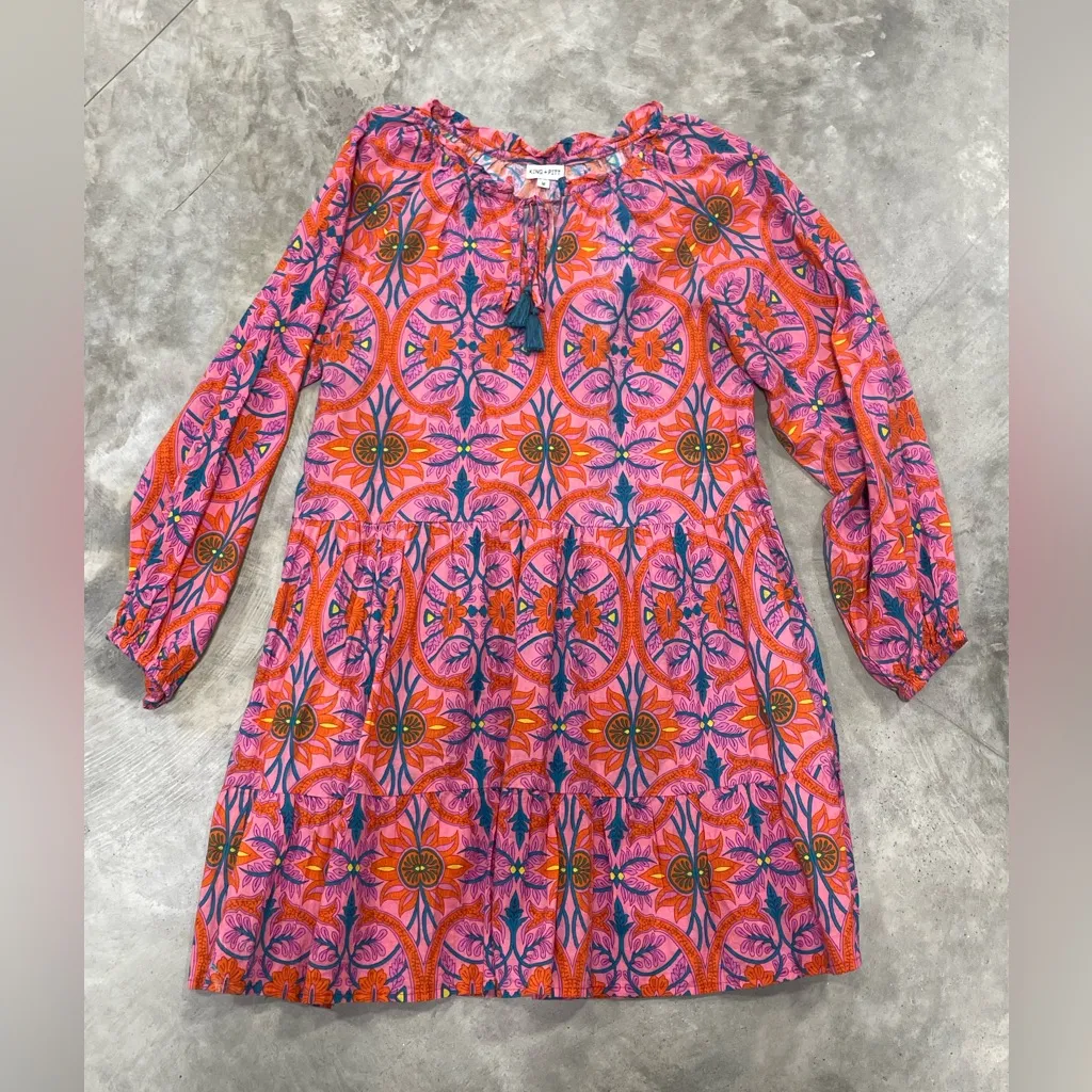 King + Pitt Womens Pink Floral Midi knee length boho flowy ruffle dress size Med - Image 3