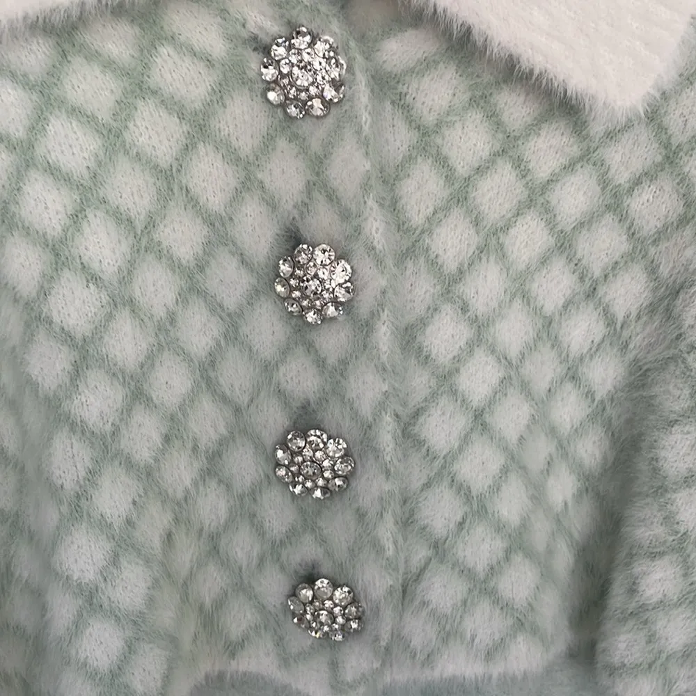 EEUC Louna Diamond Knit Cardigan Cropped Soft XS 🥰 Green - Image 10