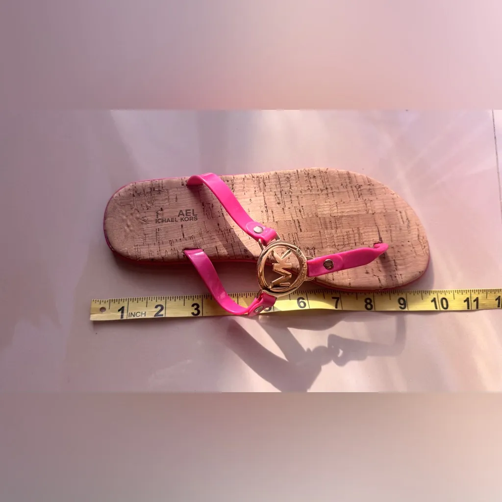 Michael Kors Hot Pink  Jelly T-Strap Cork Thong Sandals Gold MK Logo  7M Used - Image 4