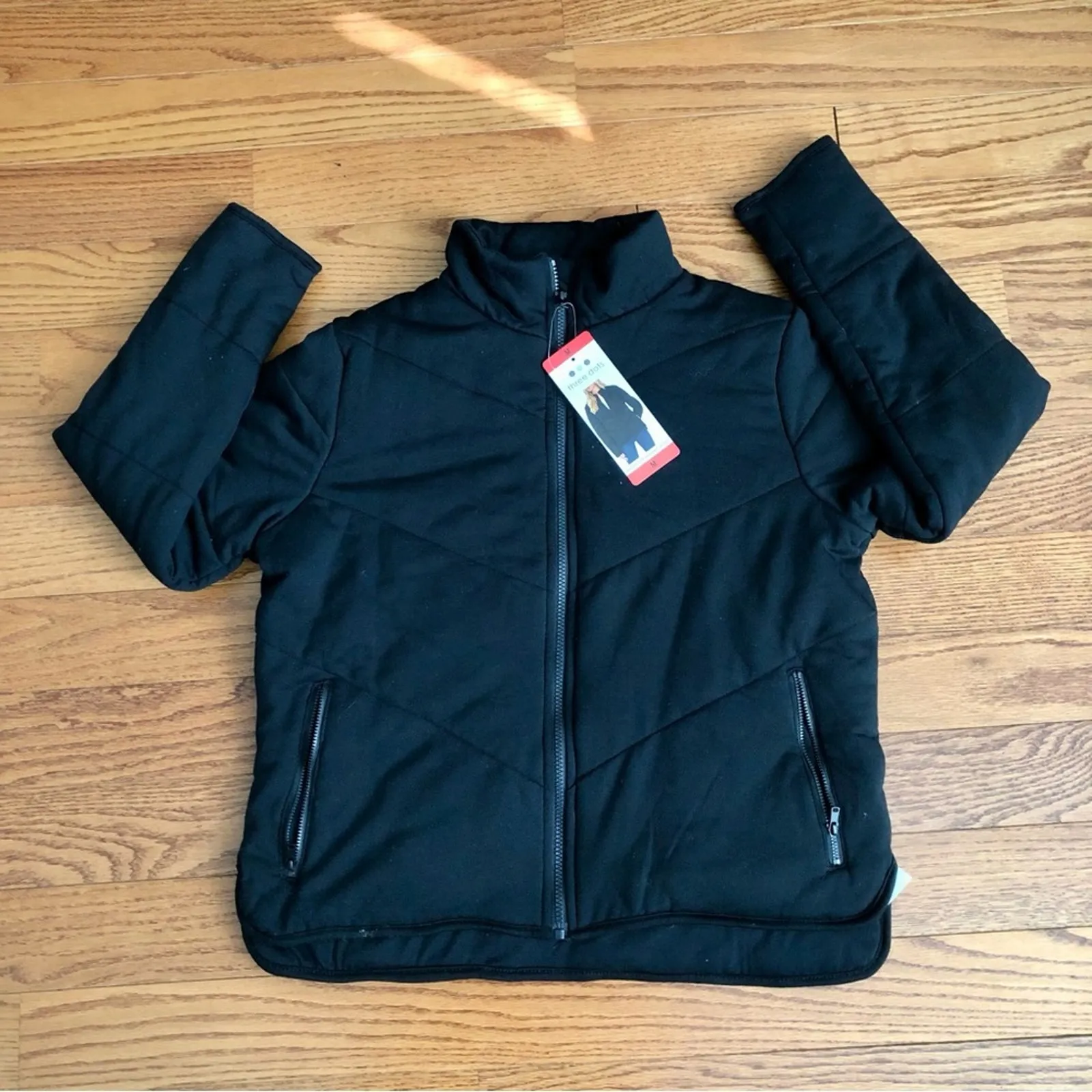 Three Dots Quilted Long Sleeves Zipper Pockets Black Jacket Women's Size M NWT - Image 3