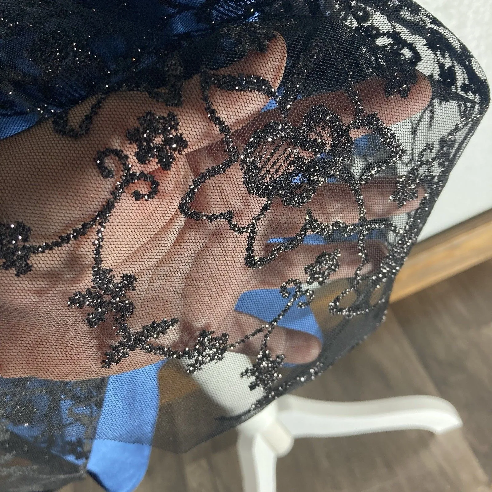 VTG Adrianna Papell Dress 8P Whimsigoth Fairy Y2K Dark Navy Blue Mesh Glitter - Image 11