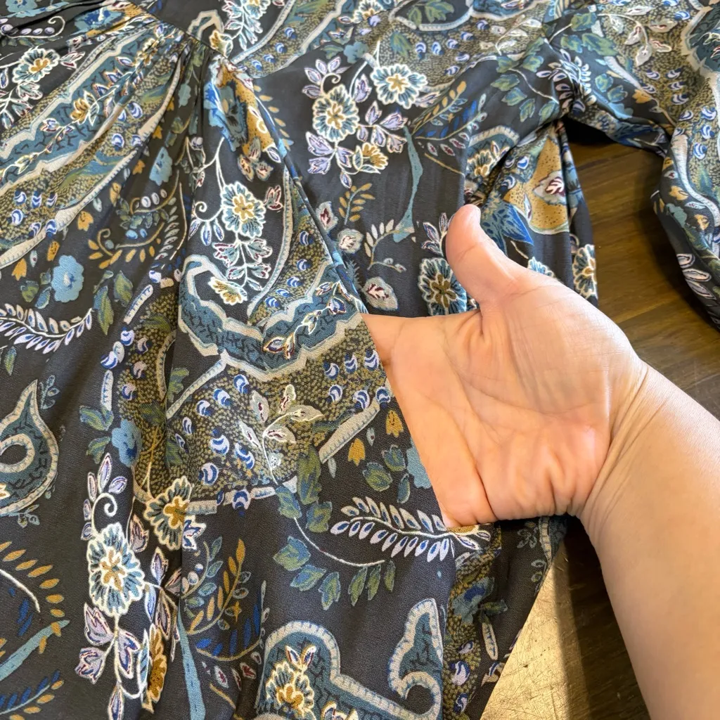 Free People Flowy Paisley Tunic Mini Dress Lace Up Wide Sleeves Small Floral - Image 7