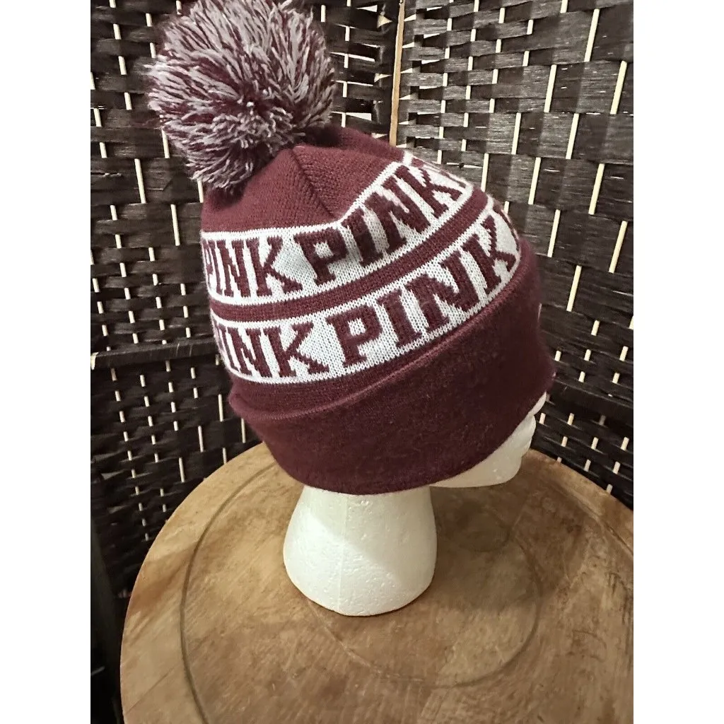 PINK Victoria's Secret Beanie Pom Pom Hat Knit Cap Burgundy & White One Size - Image 3