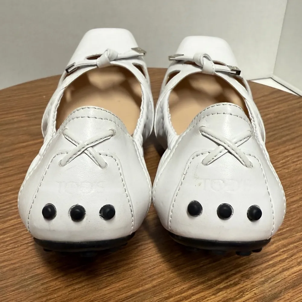 TOD’S White Leather Degas W Ballerina Flat Loafer Square Toe w Tassel Size 6.5 - Image 6