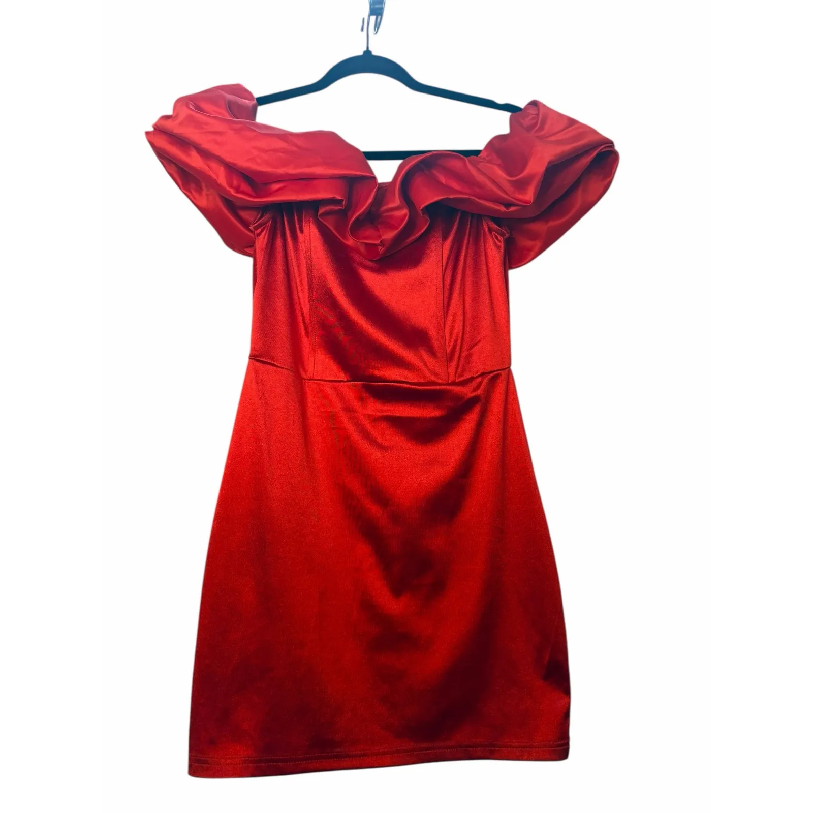 Off Shoulder Red Satin Mini Dress - Size M - Image 10